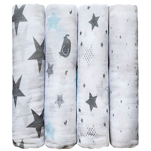 CuddleBug Muslin Baby Swaddle Blankets "Starry Nights" Muslin Swaddles, Soft Cotton Blankets, Baby Shower Gift, Perfect for Nursery Sets Unisex, Large, 4 Piece