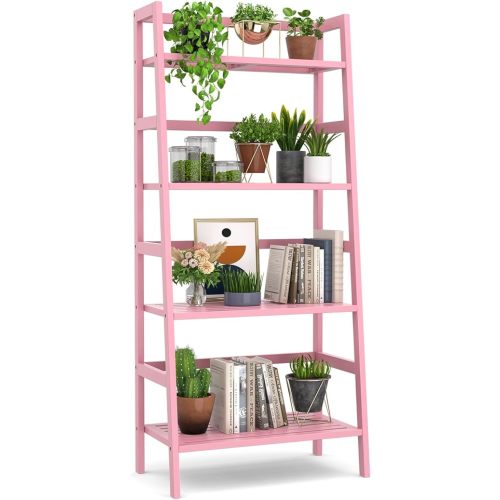 Homykic Bamboo Ladder Bookshelf, 4-Tier Ladder Shelf Open Book Shelf Freestanding Bookcase Bathroom Storage Rack Plant Stand for Living Room, Bedroom, Office, Easy Assembly, Pink