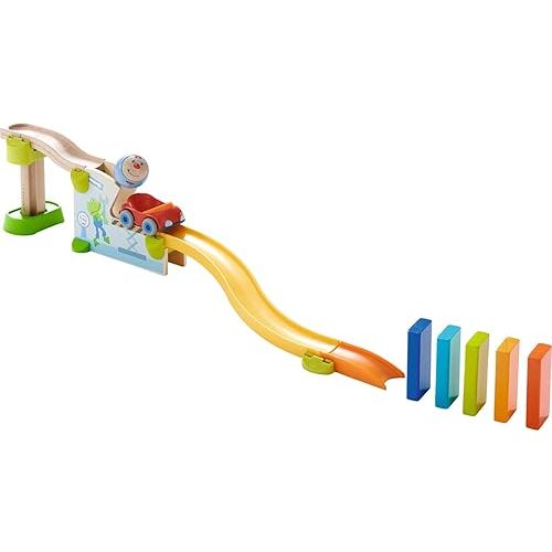 HABA Ball Run and Track Set with Car & Dominoes, 16 Piece Kullerbü Marble Runs and Building Sets for Kids 2 and up, STEM Toys & Educational Toys