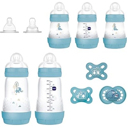 MAM Newborn Essentials "Baby Essentials" Matte Gift Set (10-Piece), Easy Start Anti-Colic Baby Bottles, Baby Boy Pacifiers