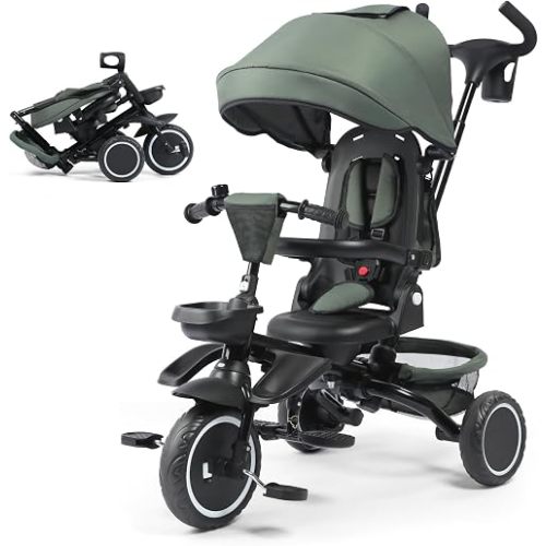 8 in 1 Kids Tricycle, Folding Toddler Tricycle w/Reversible Seat, Adjustable Push Rod & Canopy, Baby Trike Toddler Bike w/Bell, 5-Point Harness, Extra Storage, Cup Holder, Dark Green