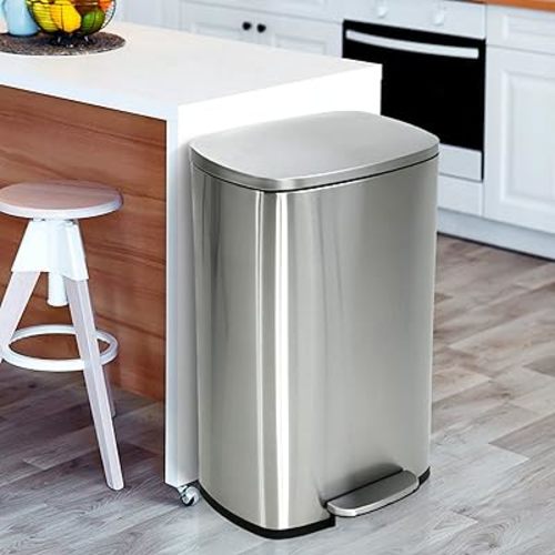 13 Gallon Trash Can, Brushed Stainless Steel Kitchen Trash Can with Soft-close Lid, Fingerprint-resistant Kitchen Garbage Can with Foot Pedal and Inner Bucket, Odor Proof Garbage Can, Silver