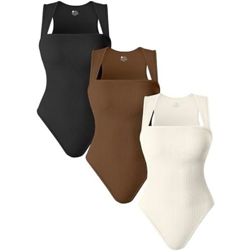 TOB Women's 3 Piece Bodysuits Sexy Ribbed Strappy Square Neck Sleeveless Shapewear Bodysuits