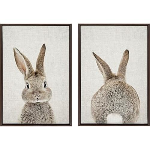 Kate and Laurel Sylvie Bunny Portrait on Linen and Bunny Tail on Linen Framed Canvas Wall Art Set by Amy Peterson Art Studio; 2 Piece 23x33 Brown; Cute Animal Art for Wall