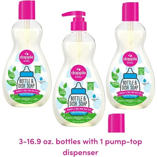 Dapple Baby Bottle Soap, Hypoallergenic Dish Soap for Baby Bottles, Powered by Plants, 1 Pump Included, Packaging May Vary, Fragrance Free, 16.9 Fl Oz (Pack of 3)