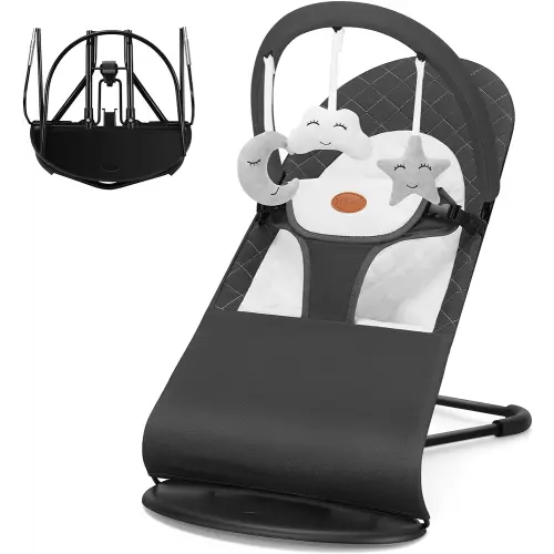HKAI Baby Bouncer, Portable Baby Bouncer Seat for babies 0-18 months, 100% Cotton Fabrics, 3 Modes of use with Rocker and Stationary Options, Infant Rocker Chair with Hanging Toys-Dark grey