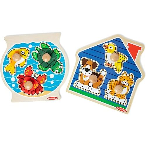 Melissa & Doug Wooden Jumbo Peg Puzzle 2-Pack – Fish Bowl, House Pets, 3-Piece for Toddlers Boys and Girls, Ages 1+ Years