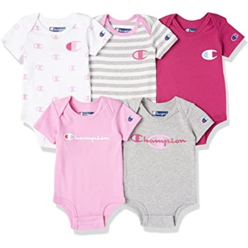 Champion 5-Pack Short Sleeve Baby Bodysuit, Gender Neutral Baby Clothes Infant Clothing, Multiple Colors/0-6M