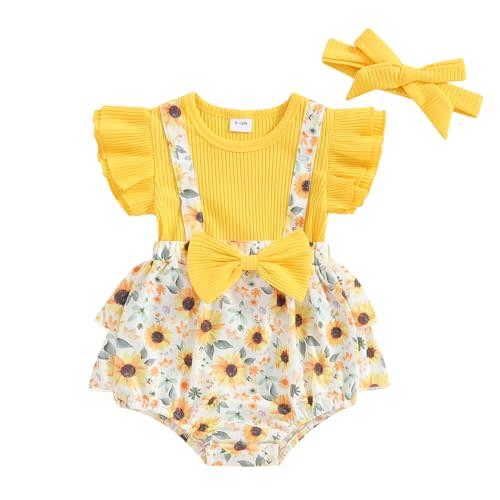 Newborn Baby Girl Outfit Fly Sleeve Floral Romper Dress Headband Infant Cute Summer Clothes Set