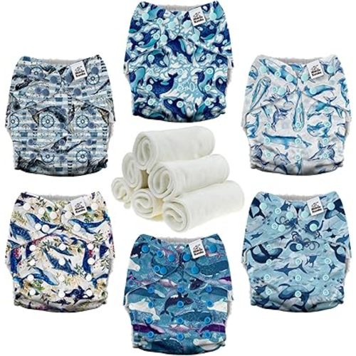Mama Koala 3.0 Pocket Cloth Diapers for Babies with AWJ Lining, 6 Pack with 6 4-Layer Natural Cloth Diaper Inserts - Reusable and Washable Pocket Diapers(Whales)