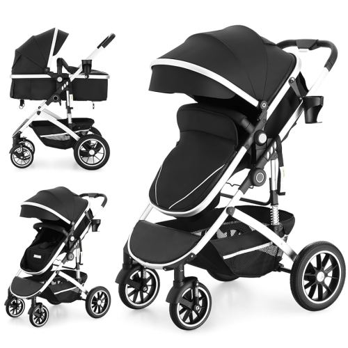 EROMMY 6-in-1 Baby Stroller with Bassinet, Convertible Infant Stroller with Adjustable Backrest & Canopy, Foldable Newborn Pushchair with Reversible Seat and Cover for 0-36 Months (Dark Black)