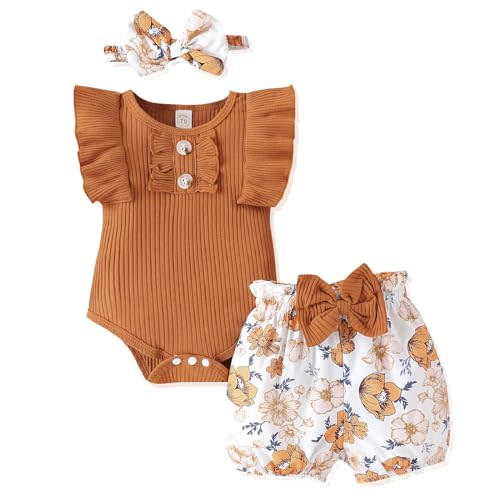 LUNFEGO Newborn Baby Girl Clothes Outfits Ruffle Romper and Short Pant Sets with Headband Infant Bodysuits