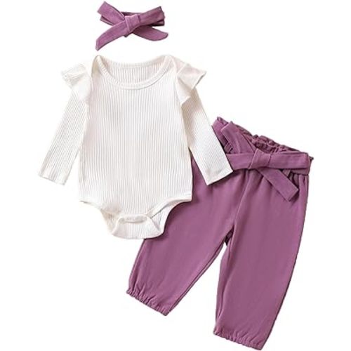 Baby Girl 3Pcs Outfit Ribbed Knit Solid Color Long Sleeve Romper + Pant + Headband Set Infant Spring Fall Clothes