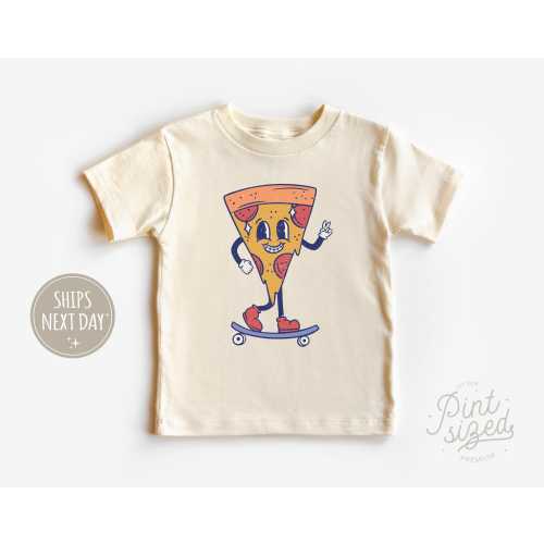 Funny Pizza Toddler Shirt - Retro Skateboard Tee - Cute Natural Kids Shirt