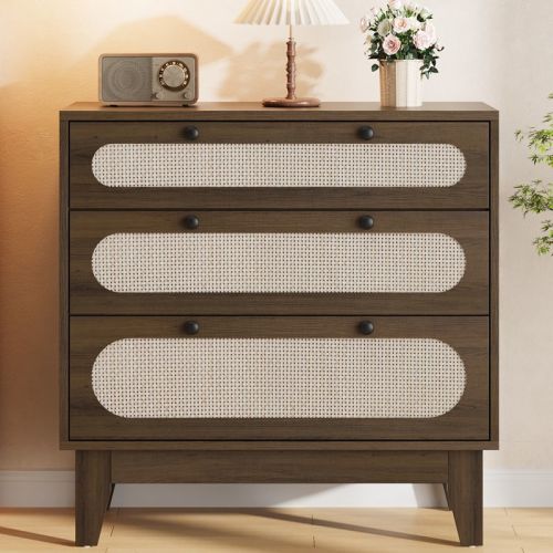 WhizMax 3 Drawer Wood Dresser for Bedroom, Rattan Nightstand Bedside Table, Dark Brown
