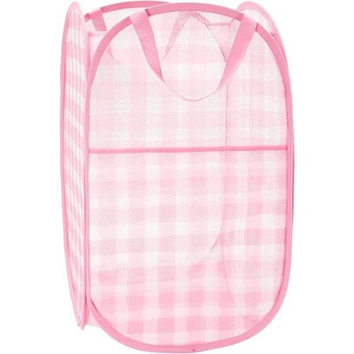 Collapsible Laundry Basket 75L Pop Up Hamper, Check Print, Pink