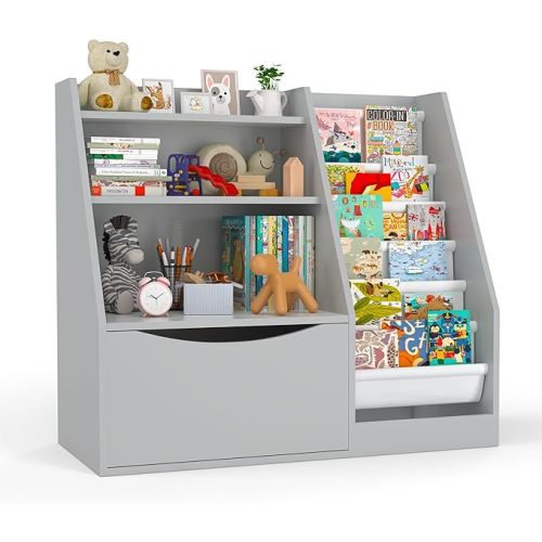 TOETOL Kids Bookshelf & Book Storage,3 Tier Wooden Toddler Bookshelf for Children,Nursery Book Shelves with 6 Sling,Organizer & Book Shelf for Kids Rooms,Bedroom,Playroom Gary