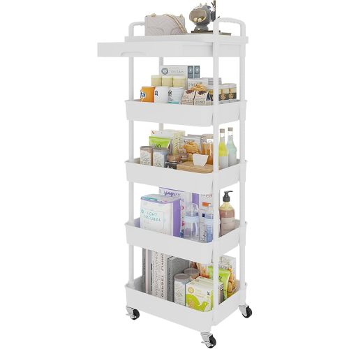 Calmootey 5-Tier Rolling Utility Cart with Drawer,Multifunctional Storage Organizer with Plastic Shelf & Metal Wheels,Storage Cart for Kitchen,Bathroom,Living Room,Office,White