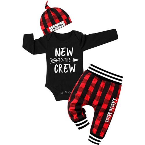 Fommy Baby Boy Clothes Letter Print Long Sleeve Romper+Camouflage Pants+Hat 3PCS Outfits Set - New Crew Black Plaid