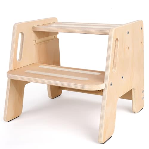 Toddler Step Stool, Wooden Height-Adjustable 2-Step Stool for Kids, Potty Training Stool with Handles for Bathroom Sink, Kitchen, Bedroom