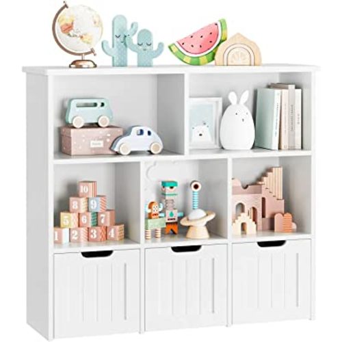 FOTOSOK Toy Storage Organizer with 3 Movable Drawers, Floor Storage Cabinet Toy Chest with Hidden Wheels and 5 Storage Cubbies, Multifunctional Storage Chest for Playroom, White