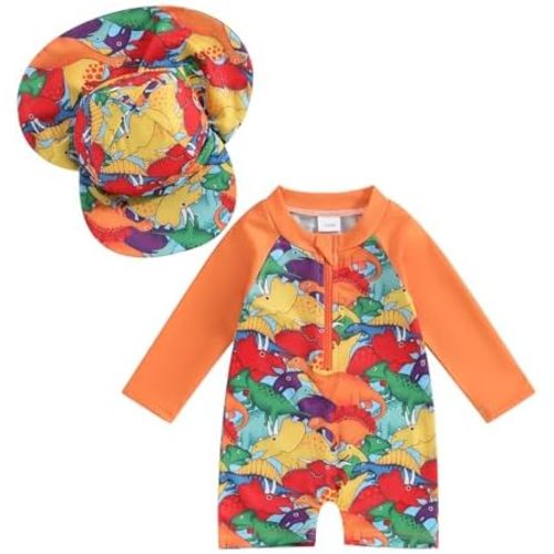 Toddler Infant Baby Boys Swimsuit Kids Rash Guard One Piece Newborn Zipper Bathing Suit Swimwear with Hat
