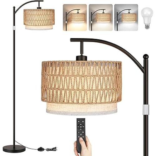 Rattan Floor Lamps for Living Room, Boho Standing Lamps with Rattan& Linen Double Shades, Arc Lamps Floor Standing with 9W Bulb, Foot Switch, Bohemian Floor Lamps for Bedroom, Office-Drum