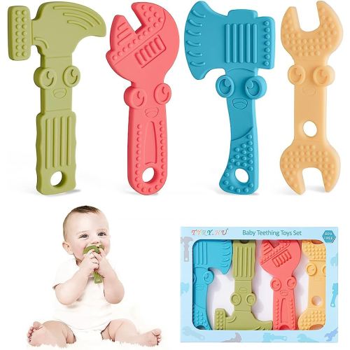 TYRY.HU Baby Teething Toys for Babies 0-6 Months 6-12 Months, BPA Free Silicone Baby Molar Teether Chew Toys, Hammer Wrench Spanner Pliers for Boys Girls, Soft-Textured, Easy to Hold & Clean, 4 Packs