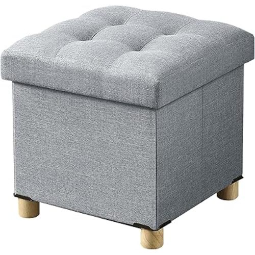 BRIAN & DANY Small Ottoman with Storage, Small Storage Ottoman, Folding Storage Ottoman Cube with Wood Legs, Storage Ottoman Dorm for Living Room and Bedroom Linen Rest Seat, 15"x15"x15" - Light Gray
