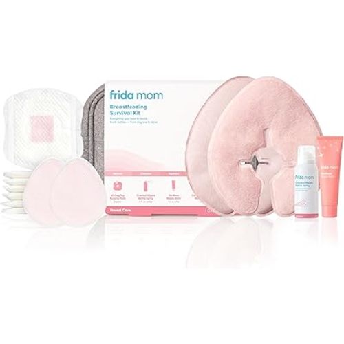 Frida Mom Breastfeeding Survival Kit for Nursing Moms, Reusable Hot+Cold Breast Relief Packs, Hydrogel Nipple Pads, Cracked Nipple Saline Spray, Nipple Balm, Nursing Pads, 13 Piece Gift Set