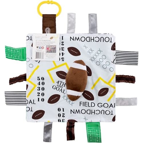 Baby Jack & Co 10x10” Football Sports Lovey Sensory Plush Blanket - Tag Toys for Babies - Baby Stroller Toys - Learn Shapes, Letters & Colors - MVP Baby Ball Toy & Baby Sports Gift