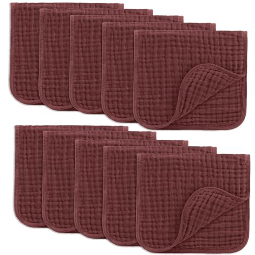 Comfy Cubs Muslin Burp Cloths 20" x 10", Pack of 10 - Large, 6-Layer, Ultra Absorbent 100% Cotton for Baby Drool and Messes - Soft, Safe & Gentle Baby Burp Cloths Set for Boys & Girls - Wine