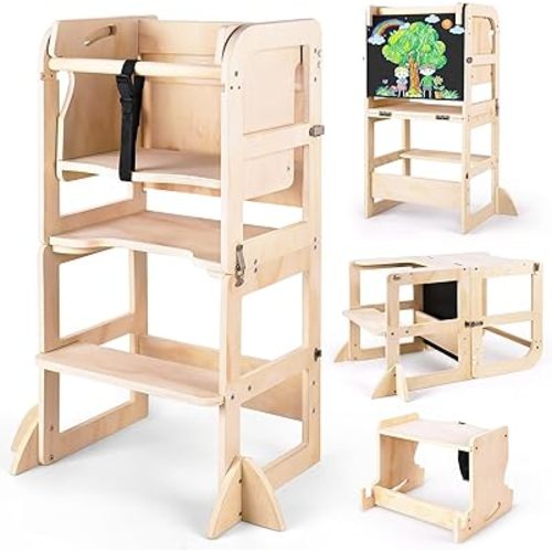 6 in-1 Toddler Kitchen Step Stool with Wooden Stool, Foldable Learning Standing Tower with Blackboard & Feeding Tray, Wooden Kitchen Stool Helper for Kids, 1-3 Year Old Boy Girl Gifts