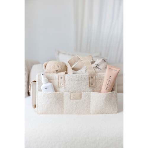 Teddy Nappy Caddy- Snow- Large Side Pocket – Linen Label
