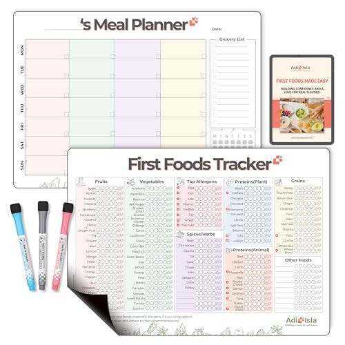 Adi+Isla 100 First Foods Chart & Weekly Meal Planner Magnetic Checklist Baby Solid Food Tracker | 101 Before One Baby-Led Weaning Feeding Essential for 6+ Months w 3 Bonus Markers Large 35x25 cm