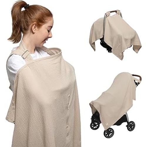 Nilsa 5-in-1 Muslin Nursing Cover up for Breastfeeding & Baby Car Seat Cover - Breathable Breastfeeding Cover With Rigid Hoop - 100% Cotton Privacy Apron Breast Feeding Covers For Women (Ecru)