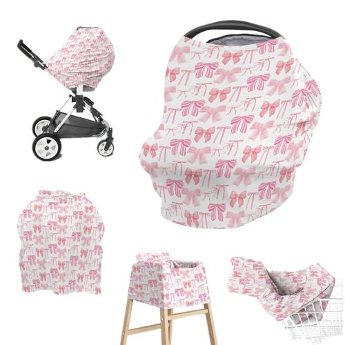 Baby Girls 5-in-1 Car Seat Covers Watercolor Pink Bows, Cute Ribbon Bowknot Multi-use Privacy Nursing Breastfeeding Cover, Carseat Canopy Carrier Newborn Infant Shower Gift