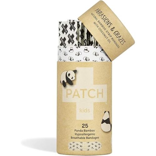 PATCH Kids Eco-Friendly Bamboo Bandages for Abrasions & Grazes Hypoallergenic Wound Care for Sensitive Skin, Compostable, Biodegradable, Latex Free, Plastic Free, Zero Waste, Coconut Oil, 25ct