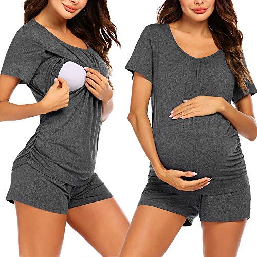 Ekouaer Women's Maternity Nursing Pajamas Set Breastfeeding Sleepwear Double Layer Short Sleeve Top & Shorts Pregnancy PJS