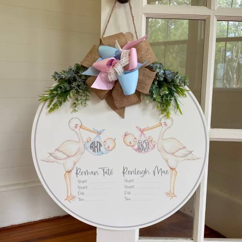 Twin Baby Birth Announcement - Hospital Door Hanger - Stork Door Hanger - Baby Name Sign - Baby Girl - Baby Boy - Birth Announcement Sign