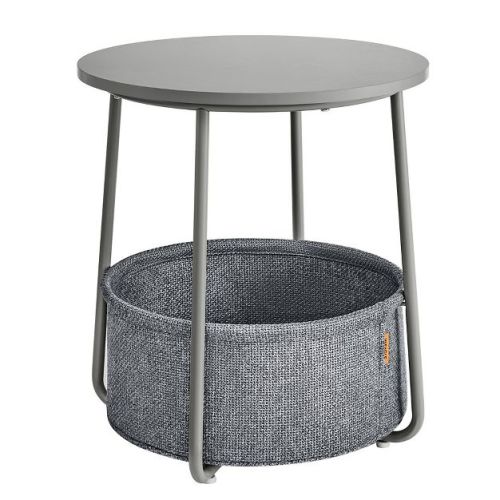 Small Round Side End Table, Modern Nightstand With Fabric Basket Dove Gray And Slate Gray