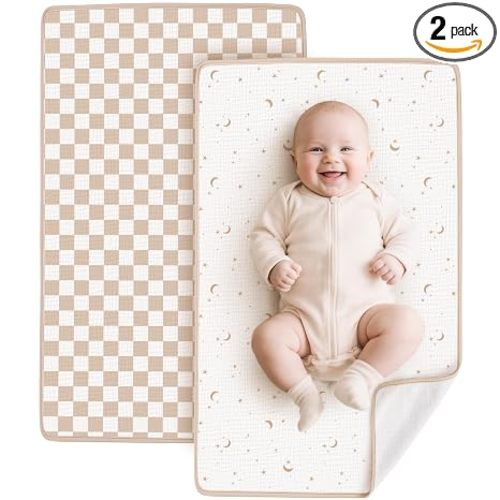 Konssy 2 Pack Waterproof Muslin Cotton Portable Changing Pad 30"x 17", Soft & Foldable Baby Changing Mat Travel Pad with Terry Backing, Shower Gift for Newborn Girls Boys (Coffee Check,Moon)
