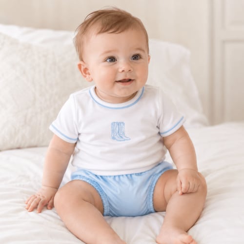 Darling Cowboy Boots Hand-Embroidered Diaper Cover Set - Light Blue