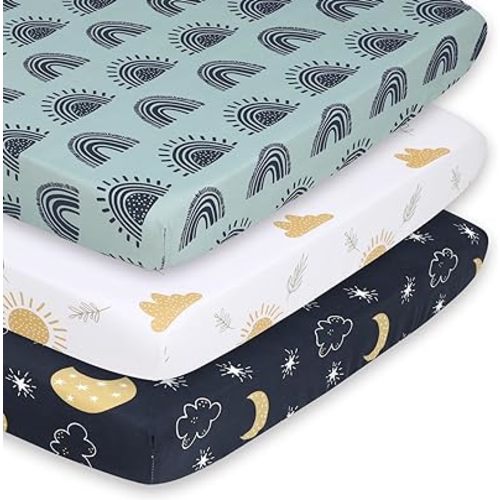 The Peanutshell 3-Pack Fitted Playard Sheets - Soft & Breathable Baby Boy or Girl Mini Crib Sheets, Pack N Play Mattress, Fits Standard Playard Pack Play Mattresses - Day and Night