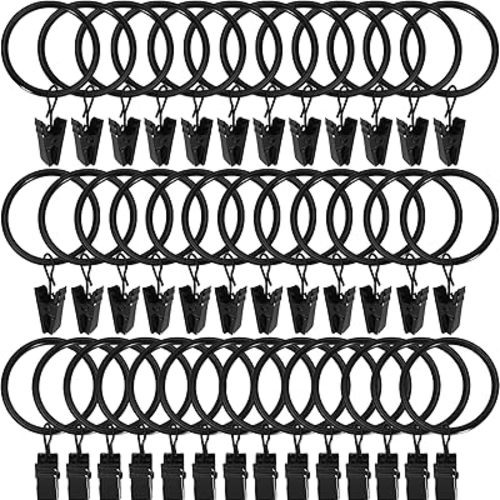 44 Pack Black Curtain Rings with Clips, Curtain Hooks Hangers Clip Rings for Hanging Drapes Bows Hat, Drapery Rings 1 in I D, Fits up to 5/8 in Diameter Curtain Rod.