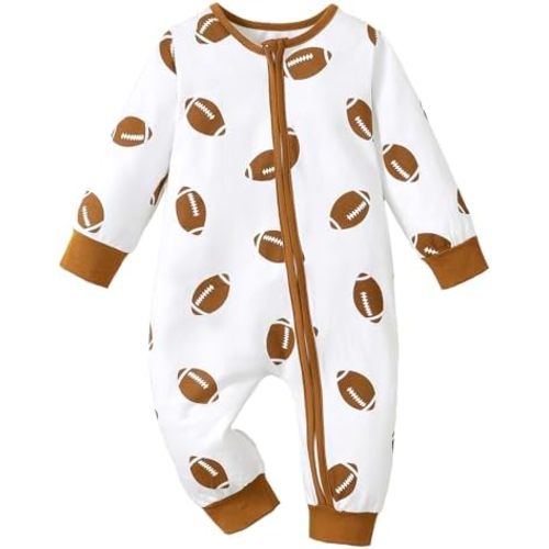 Sasaerucure Infant Baby Boy Winter Clothes One Piece Long Sleeve Zipper Jumpsuit Newborn Boy Game Day Football Onesie