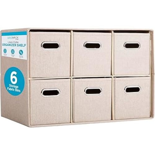 BIRDROCK HOME Linen Cube Organizer Shelf w/ 6 Storage Fabric Bins - Foldable & Durable - Toys, Clothes, Towels - Collapsible Cubby for Kids Room, Dorm, Closet, Bedroom - Large Shelving Cubbies - Cream