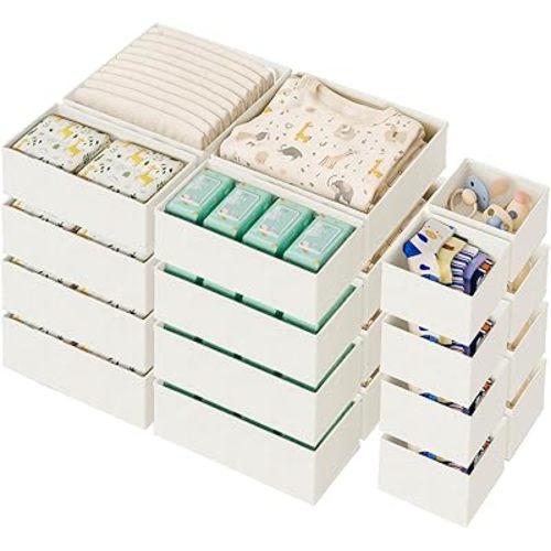 Sturdy Drawer Organizers (24-Pack) - Fabric Dresser Drawer Organizers & Dividers for Nursery Organization, Baby Organizers and Storage for Clothes, Socks & Underwear, White