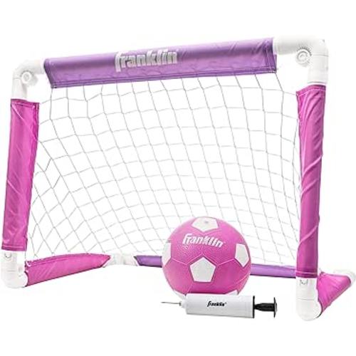 Franklin Sports Kids Soccer Goal with Ball and Pump – 24inch x 16inch Folding Goal – Great for Backyard or Indoor Play – Pink/Purple