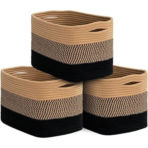 Goodpick Storage Baskets for Organizing Woven Rope Basket for Book, Towels, Toy Storage Organizer Cube Storage Bins for Shelves, Closet, Nursery, Decorative Medium Baskets Set of 3, Black